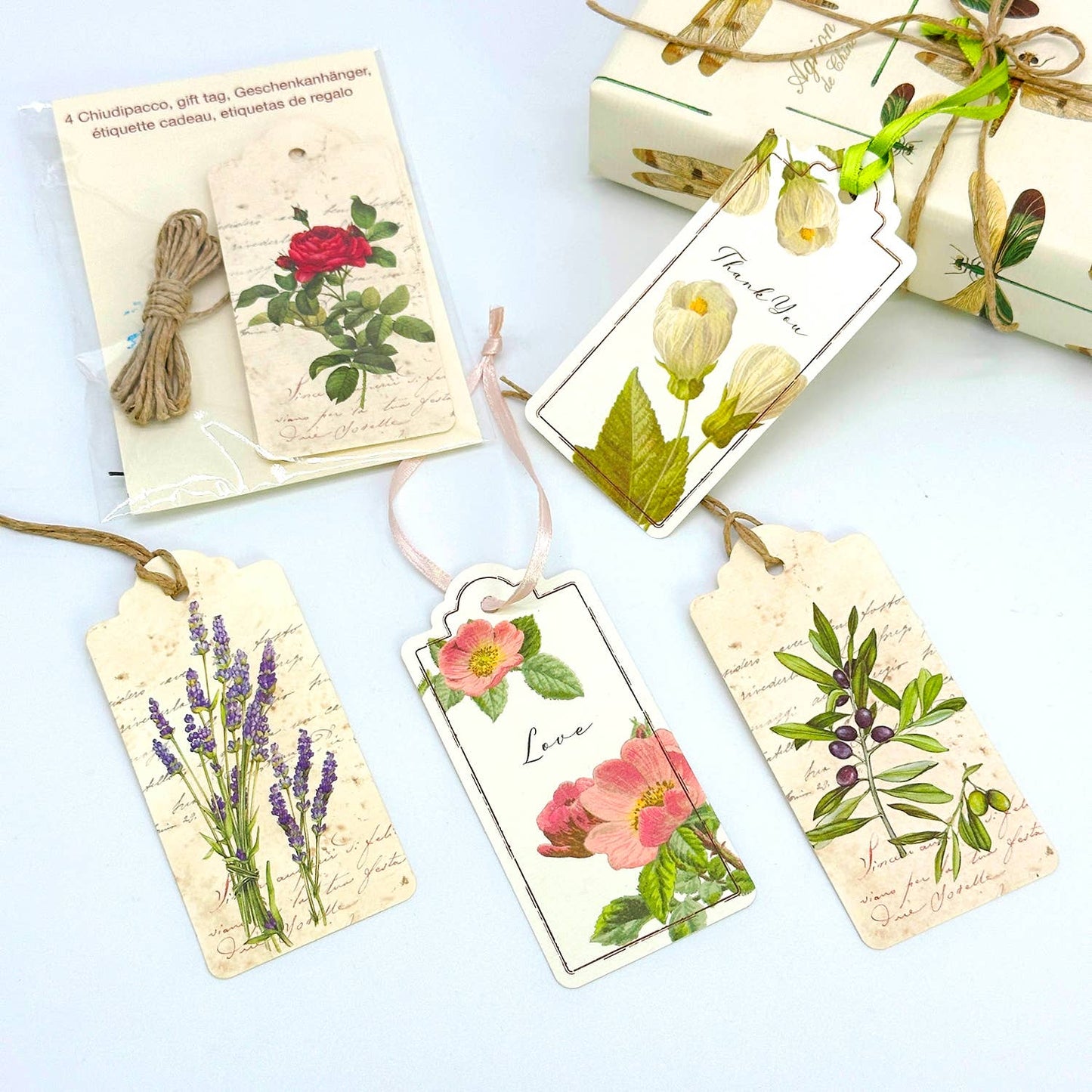 Red Rose Italian Gift Tags with String - Pack of 4