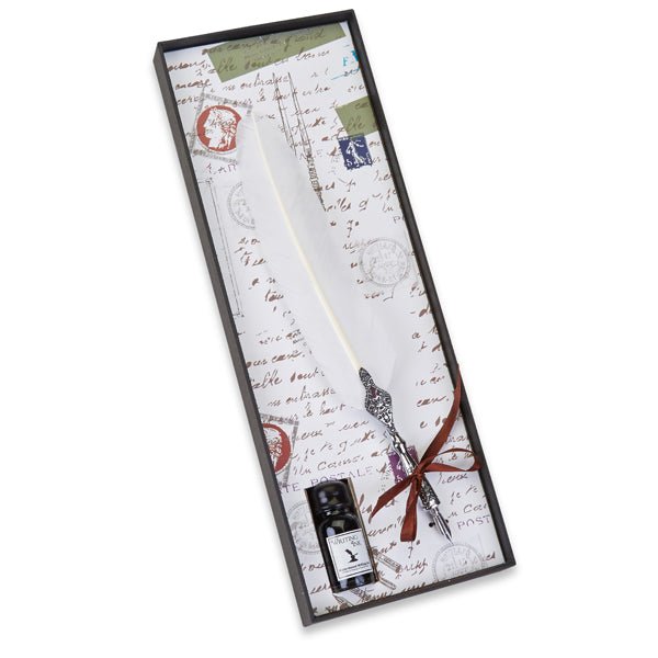 Feather Quill Pen & Ink Set-Decorated Silver Metal Dip Pen