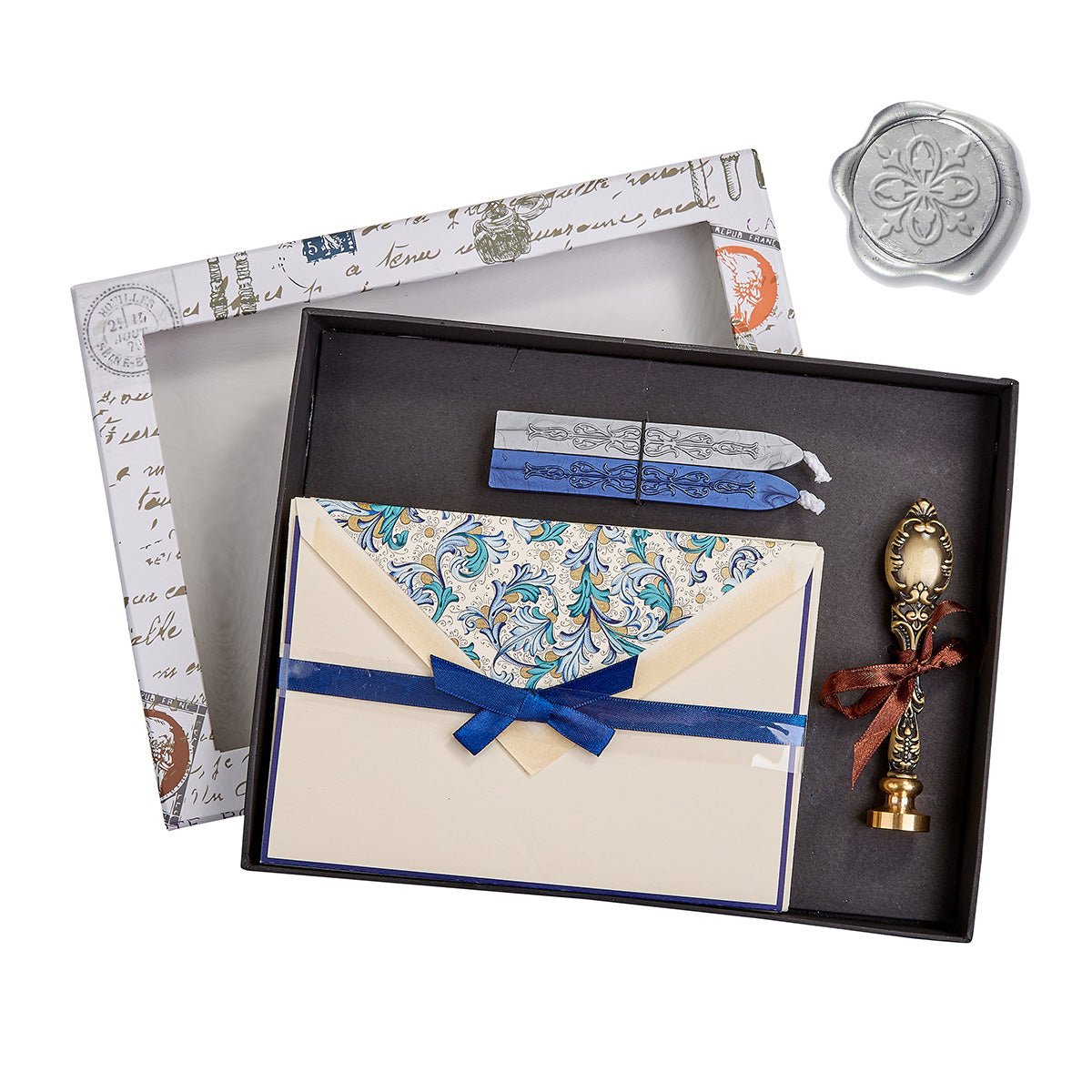 Florentine Note Card Writing Set with Envelopes, Mehndi Flower Wax Stamp with Vintage Handle and Blue and Silver Sealing Wax - Blue Classica