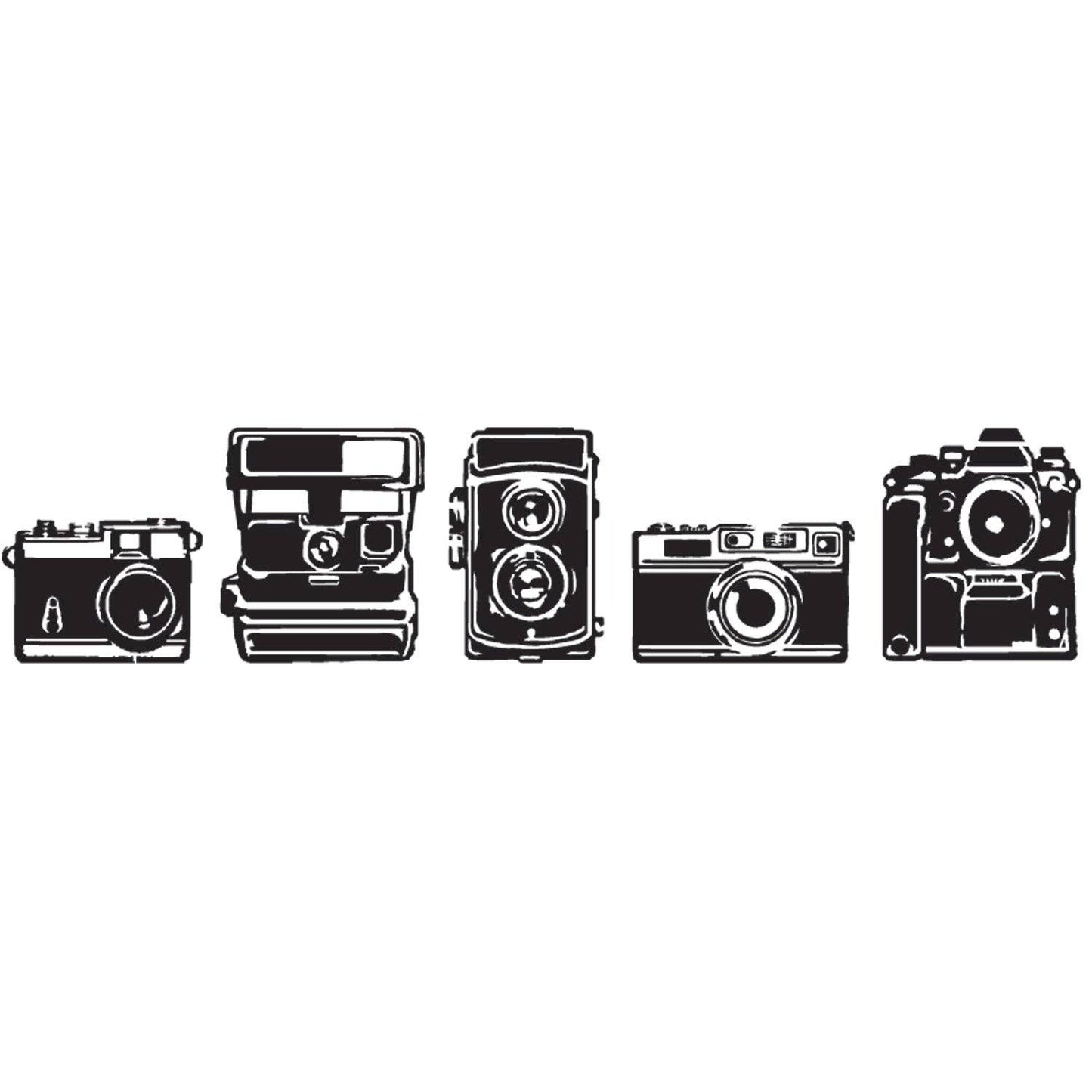 Row of five vintage cameras stamped in black line art: compact rangefinder, instant camera, twin-lens reflex, 35mm rangefinder and SLR