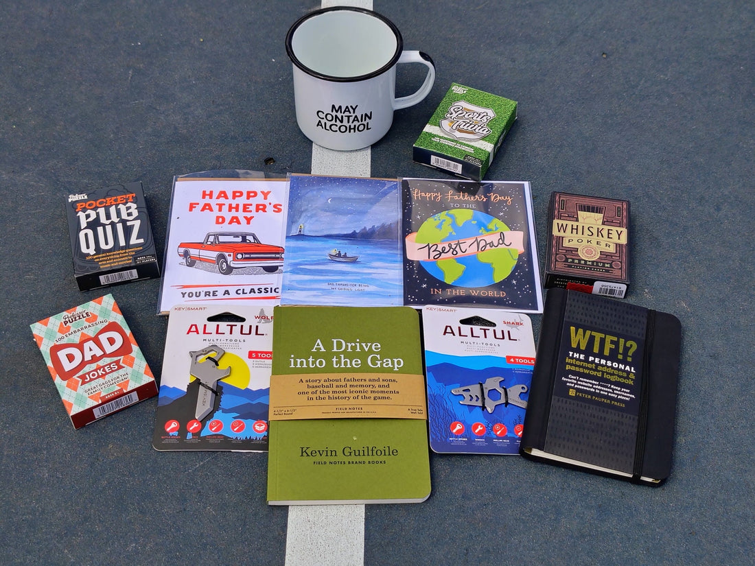  Father's Day gift assortment from Glyph — pub quiz, sports trivia, multi-tools, cards, and baseball book