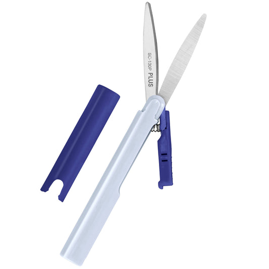 Twiggy curved blade scissors in pale blue and dark blue, shown open beside their dark blue blade cover