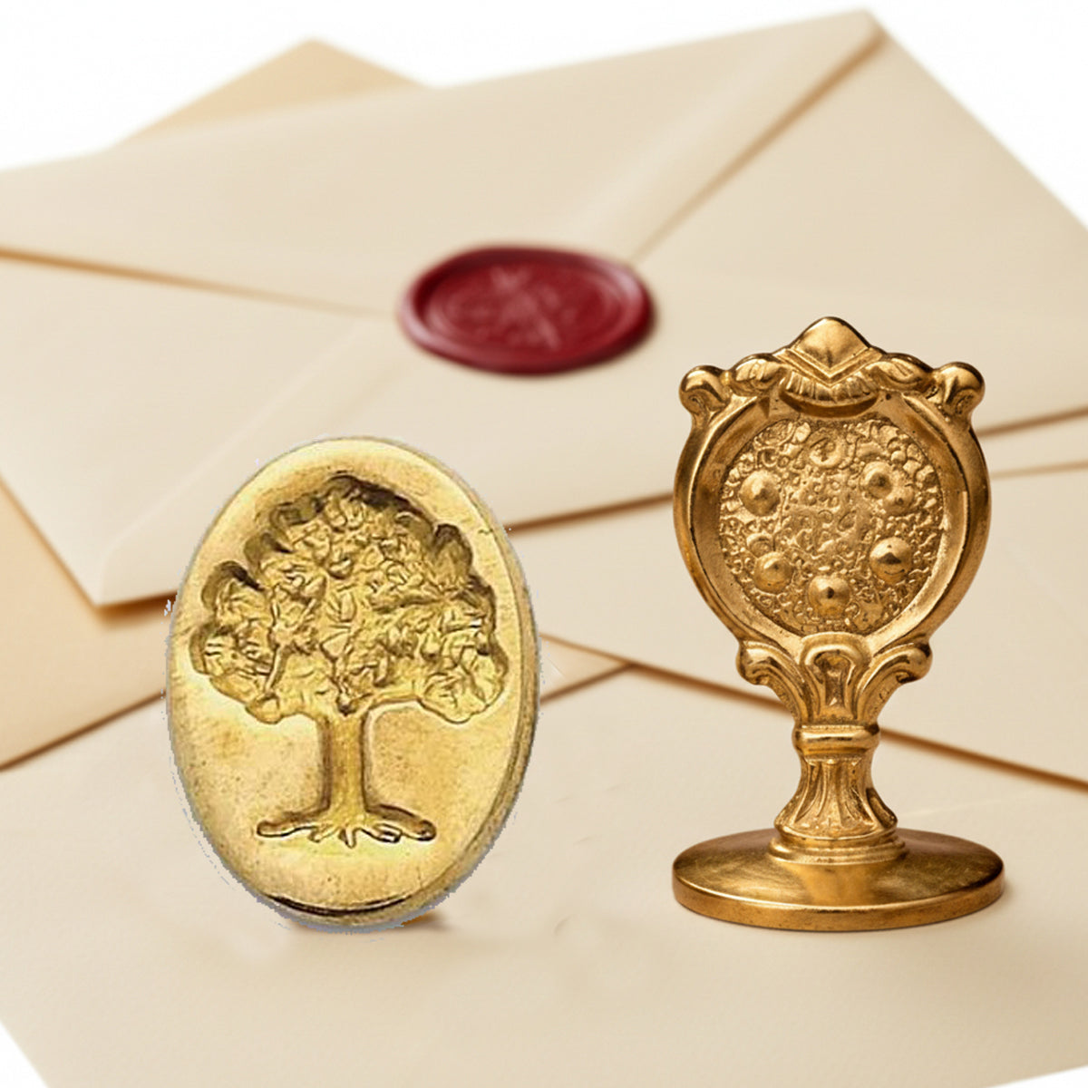 Oak Tree Wax Seal Stamp – Vintage-Style Oval Florentine Brass Stamp with Attached Handle