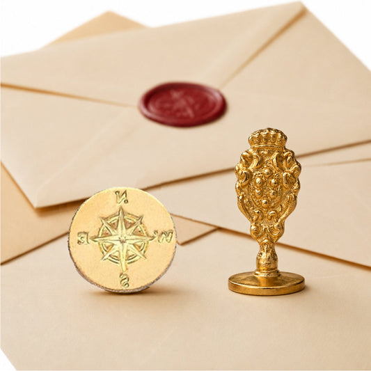 Compass Wax Seal Stamp – Vintage-Style Round Florentine Brass Stamp with Attached Handle
