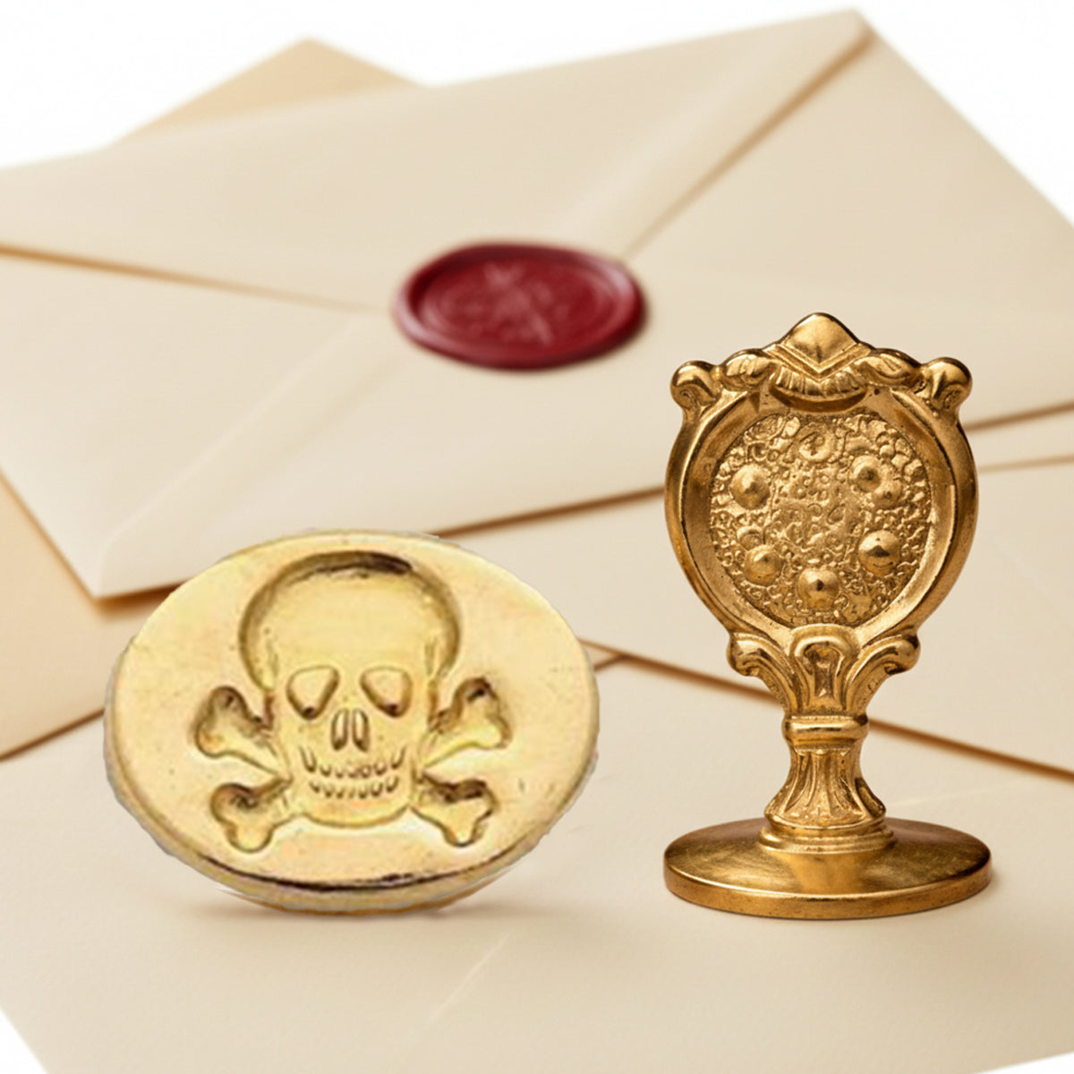 Skull & Crossbones Wax Seal Stamp – Vintage-Style Oval Florentine Brass Stamp with Attached Handle