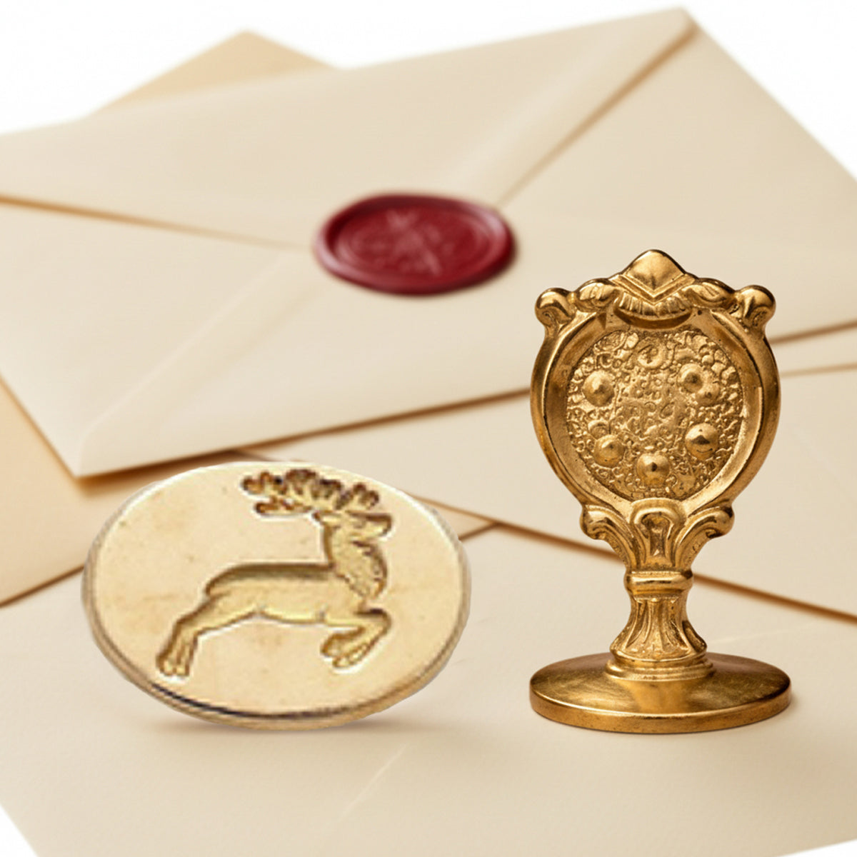Reindeer Wax Seal Stamp – Vintage-Style Oval Florentine Brass Stamp with Attached Handle