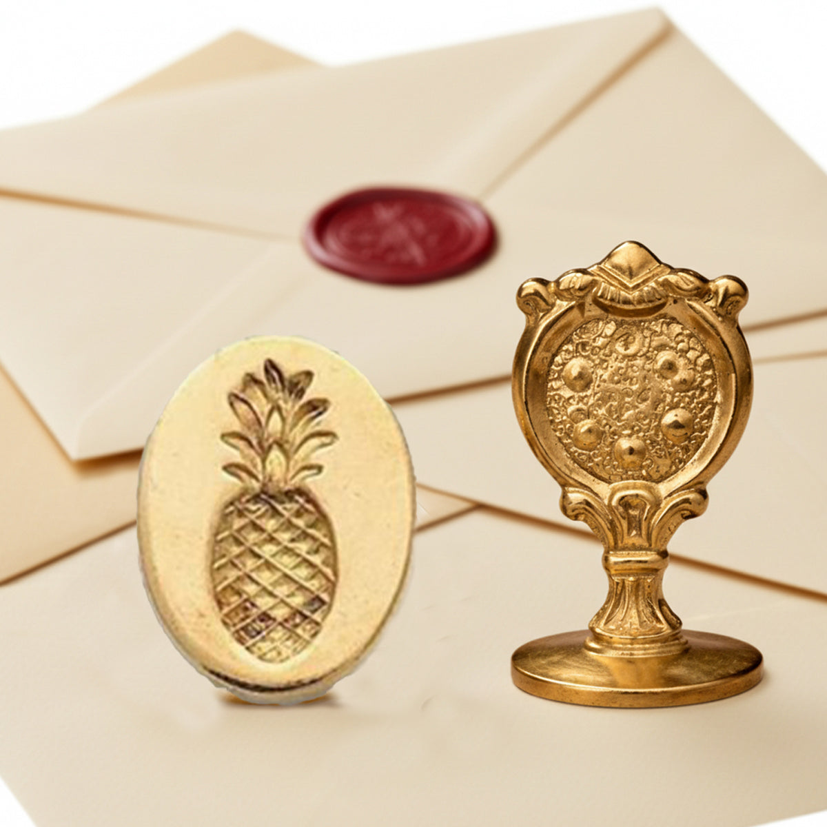 Pineapple Wax Seal Stamp – Vintage-Style Oval Florentine Brass Stamp with Attached Handle