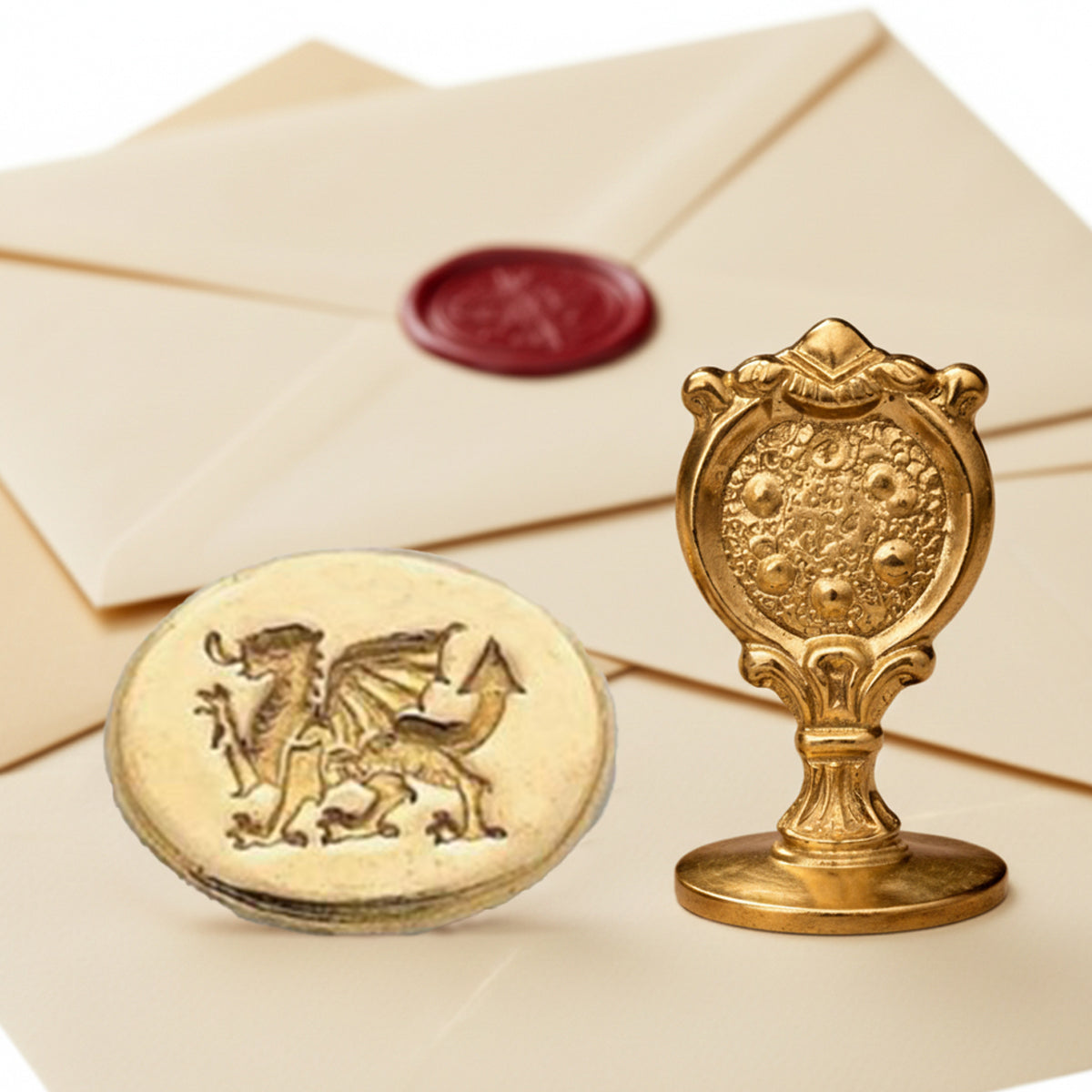 Welsh Dragon Wax Seal Stamp – Vintage-Style Oval Florentine Brass Stamp with Attached Handle