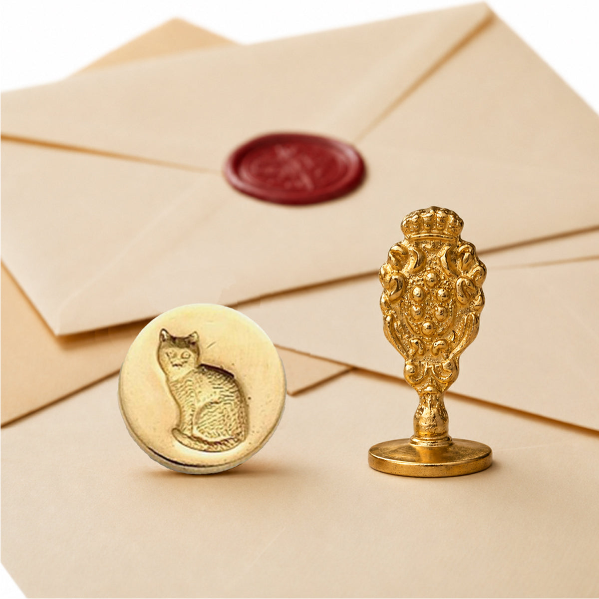 Cat Wax Seal Stamp – Vintage-Style Round Florentine Brass Stamp with Attached Handle