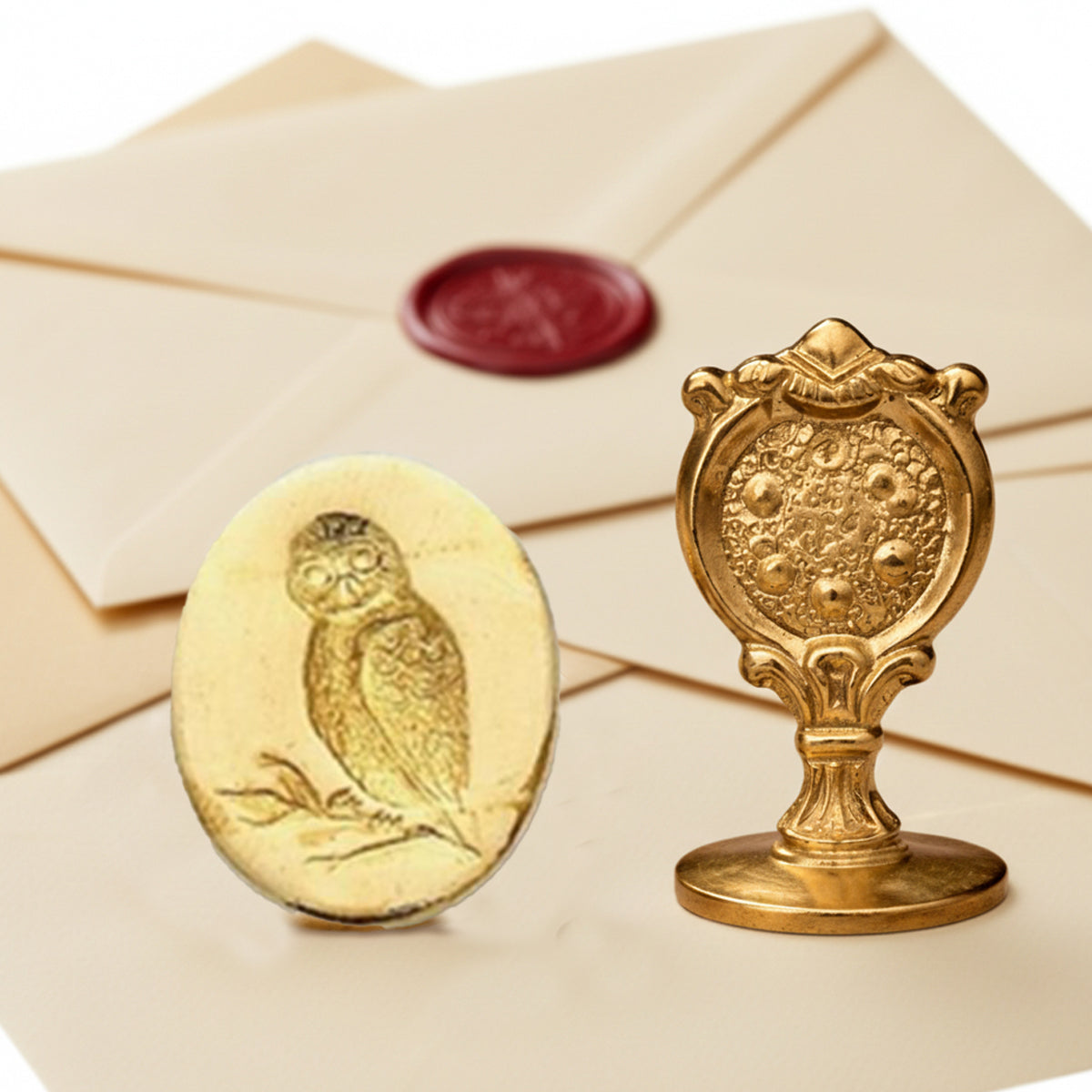 Owl Wax Seal Stamp – Vintage-Style Oval Florentine Brass Stamp with Attached Handle