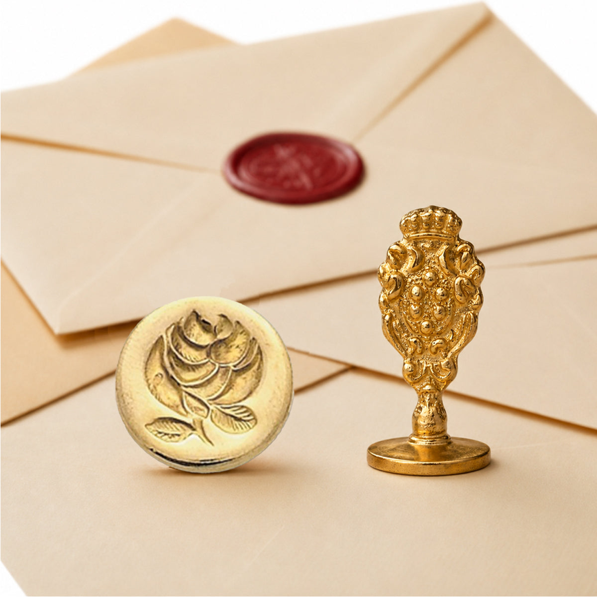 Rose Wax Seal Stamp – Vintage-Style Round Florentine Brass Stamp with Attached Handle