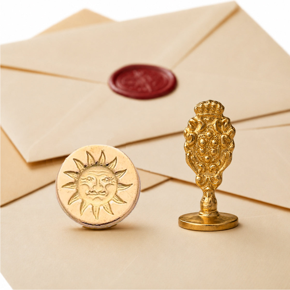 Sun Wax Seal Stamp – Vintage-Style Round Florentine Brass Stamp with Attached Handle
