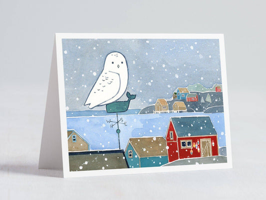 Snowy Owl Coastal Village Christmas Card