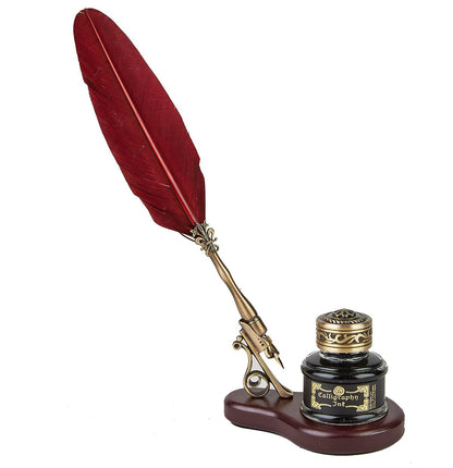 Feather Quill Pen Desk Set with Vintage Wood Stand, Bronze Pen Holder & Calligraphy Inkwell