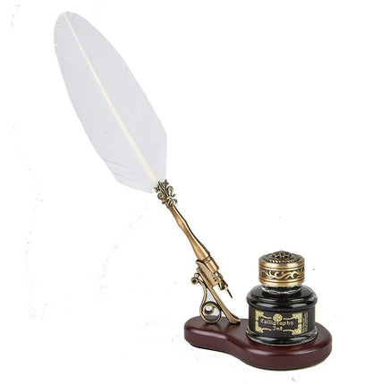 Feather Quill Pen Desk Set with Vintage Wood Stand, Bronze Pen Holder & Calligraphy Inkwell