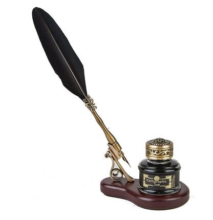 Feather Quill Pen Desk Set with Vintage Wood Stand, Bronze Pen Holder & Calligraphy Inkwell