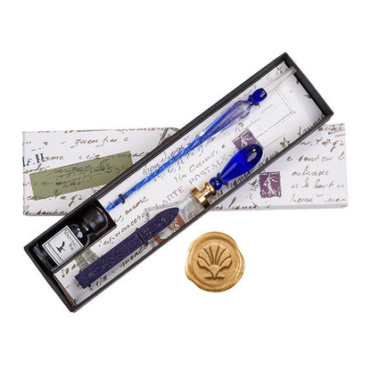 Blue Glass Wax Seal & Calligraphy Pen & Ink Set