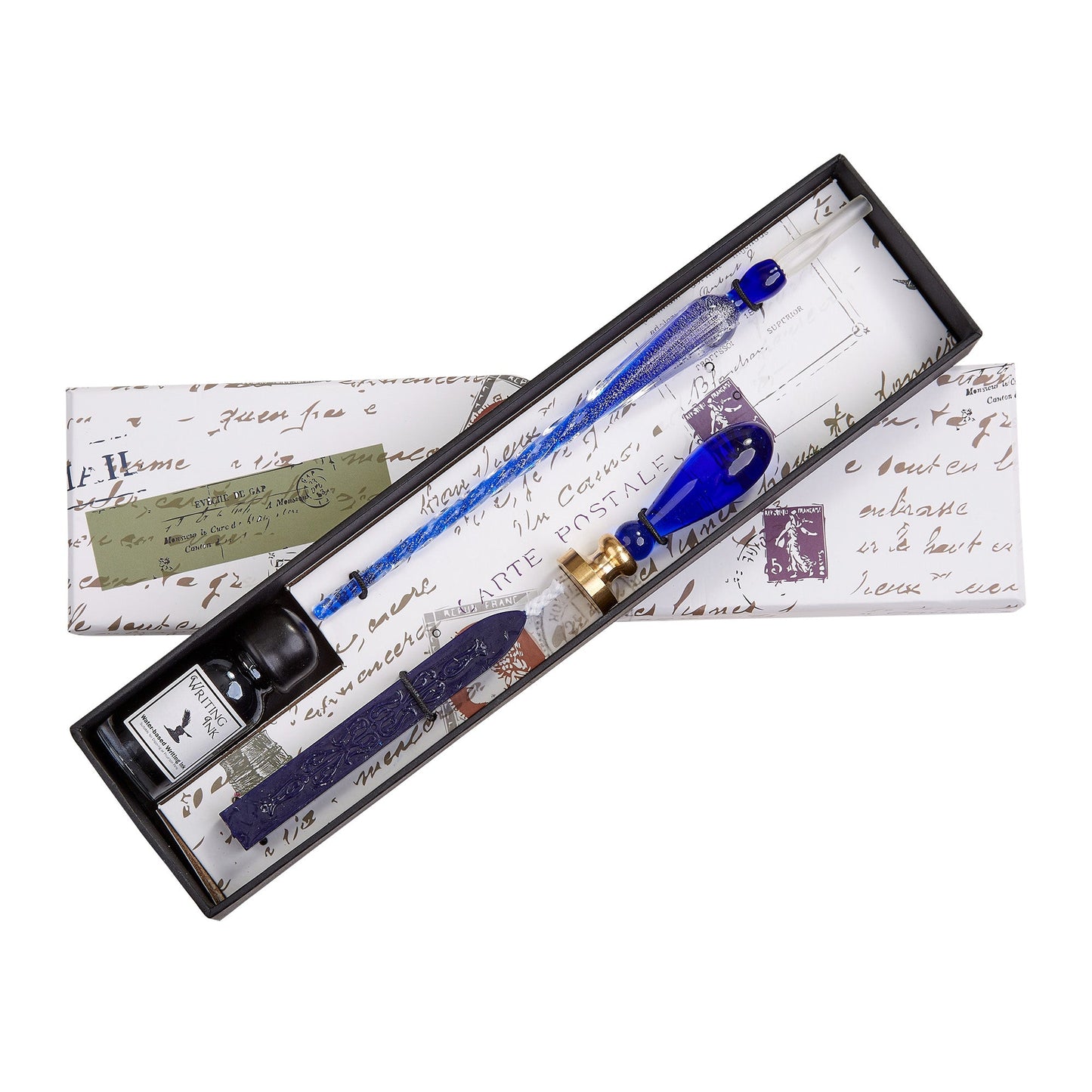 Blue Glass Wax Seal & Calligraphy Pen & Ink Set