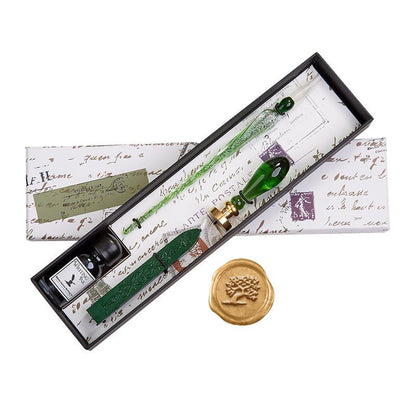 Green Glass Wax Seal & Calligraphy Pen & Ink Set