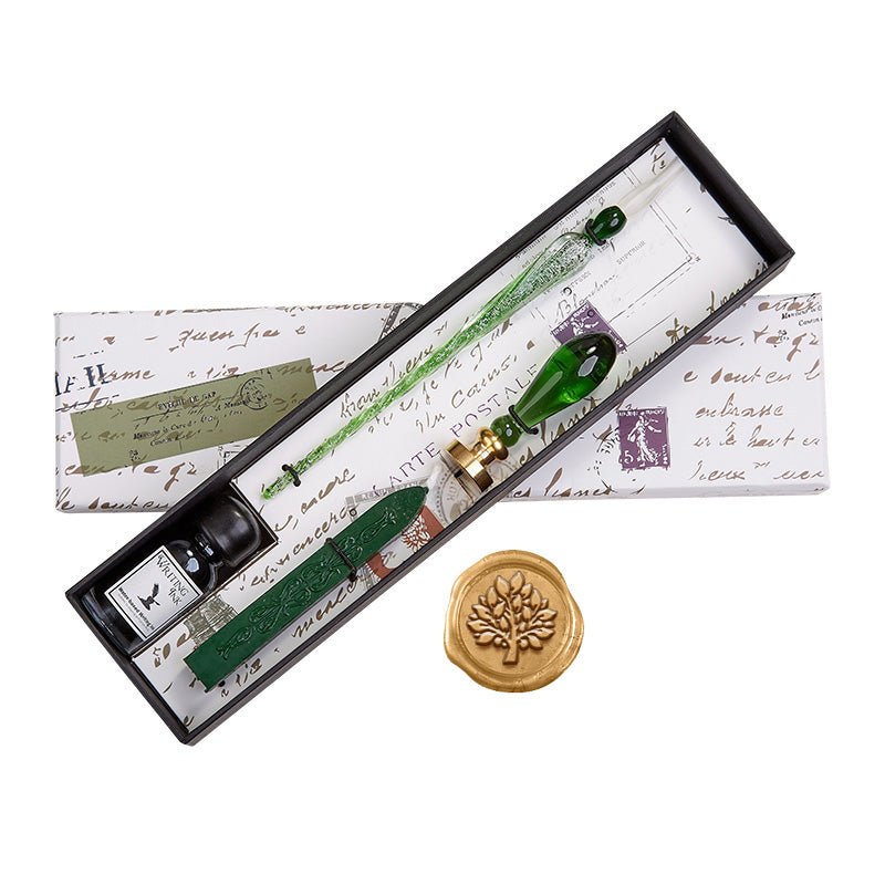Green Glass Wax Seal & Calligraphy Pen & Ink Set