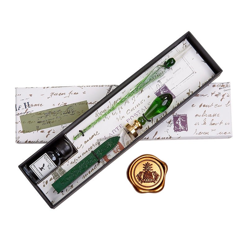 Green Glass Wax Seal & Calligraphy Pen & Ink Set