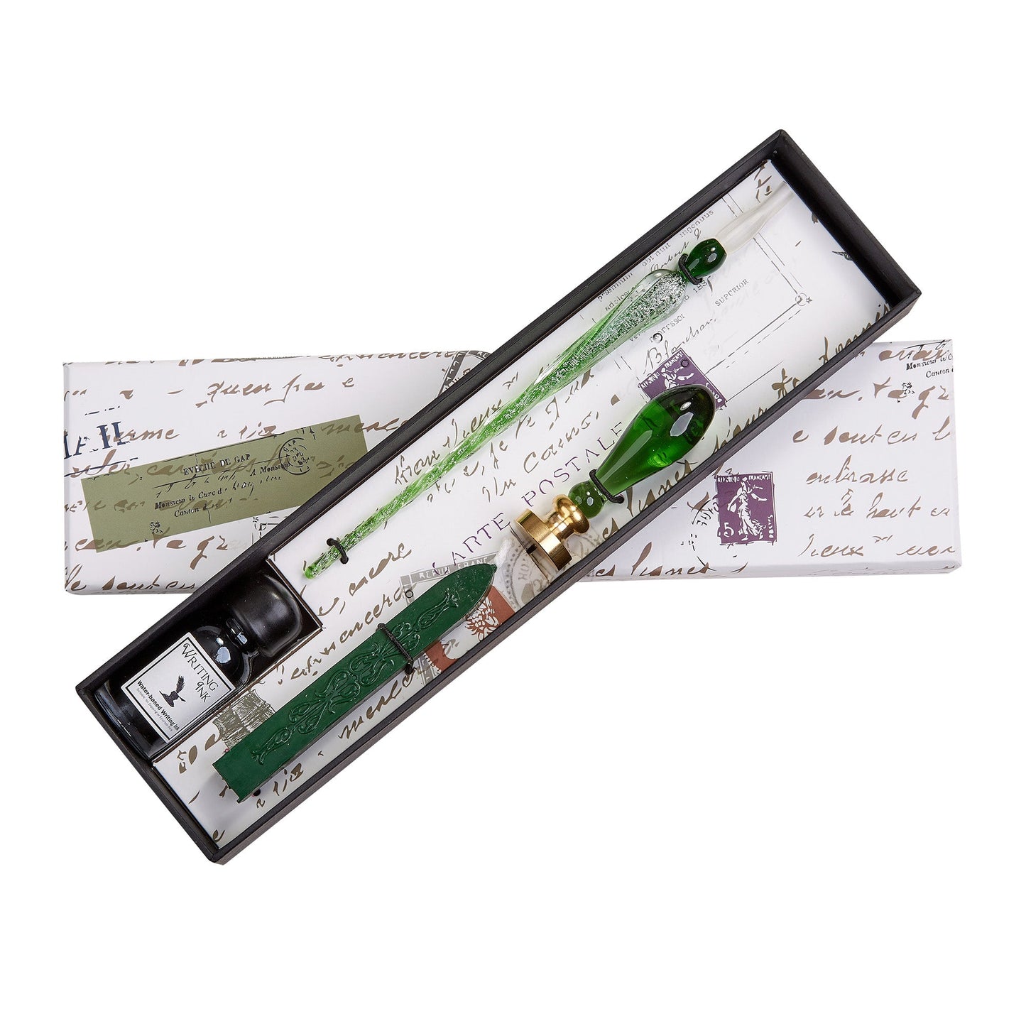 Green Glass Wax Seal & Calligraphy Pen & Ink Set