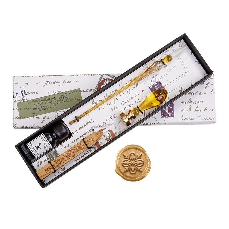 Gold Glass Wax Seal & Calligraphy Pen & Ink Set