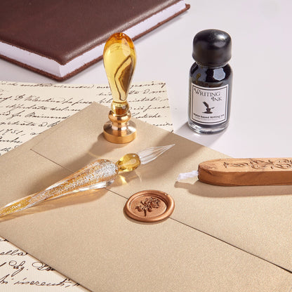 Gold Glass Wax Seal & Calligraphy Pen & Ink Set