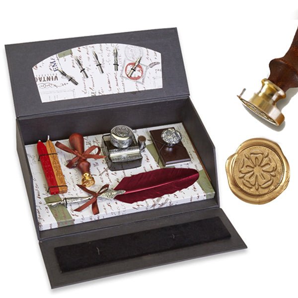 Ultimate Calligraphy Writing Desk Set – Deluxe Quill Pen, Wax Seal Stamp, Inkwell & Wood Blotter Gift Box with Leather Closure