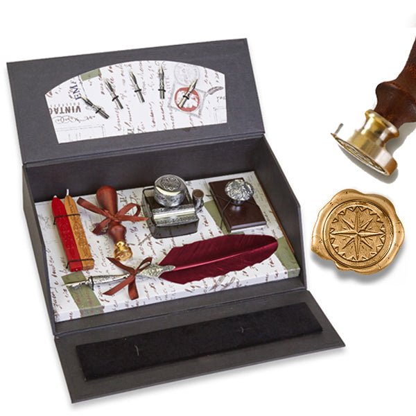 Ultimate Calligraphy Writing Desk Set – Deluxe Quill Pen, Wax Seal Stamp, Inkwell & Wood Blotter Gift Box with Leather Closure