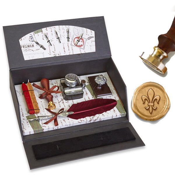 Ultimate Calligraphy Writing Desk Set – Deluxe Quill Pen, Wax Seal Stamp, Inkwell & Wood Blotter Gift Box with Leather Closure