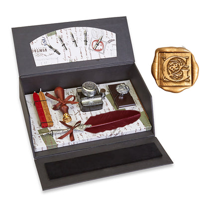 Ultimate Calligraphy Writing Desk Set – Deluxe Quill Pen, Wax Seal Stamp, Inkwell & Wood Blotter Gift Box with Leather Closure