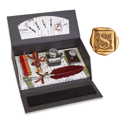 Ultimate Calligraphy Writing Desk Set – Deluxe Quill Pen, Wax Seal Stamp, Inkwell & Wood Blotter Gift Box with Leather Closure