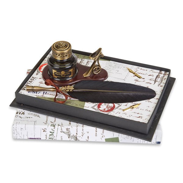 Feather Quill Pen Desk Set with Vintage Wood Stand, Bronze Pen Holder & Calligraphy Inkwell