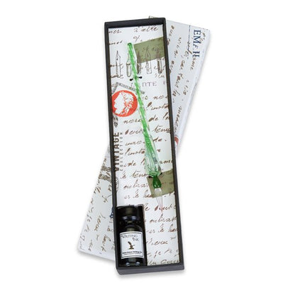 Glass Dip Pen and Ink Set – Venetian Style Calligraphy Pen with Shimmering Spiral Handle and Premium Writing Ink