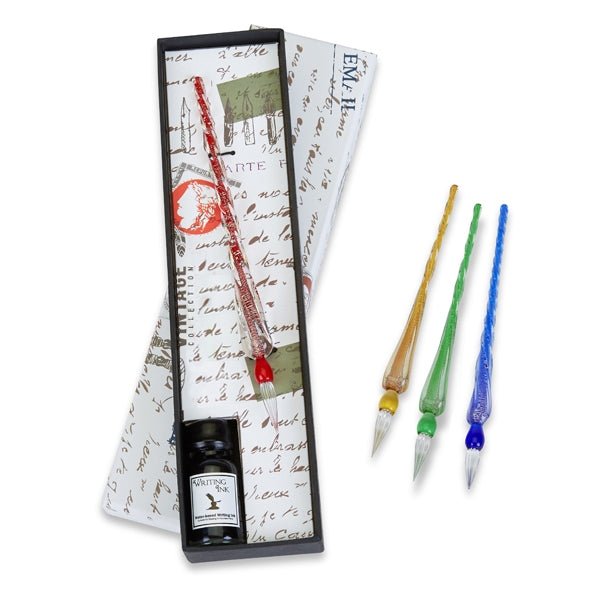 Glass Dip Pen and Ink Set – Venetian Style Calligraphy Pen with Shimmering Spiral Handle and Premium Writing Ink