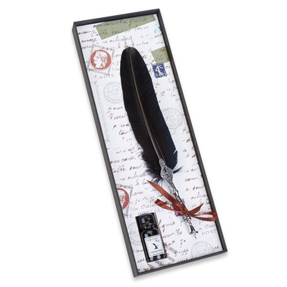 Feather Quill Pen & Ink Set-Decorated Silver Metal Dip Pen