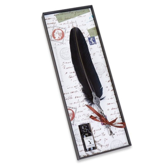 Feather Quill Pen & Ink Set-Decorated Silver Metal Dip Pen
