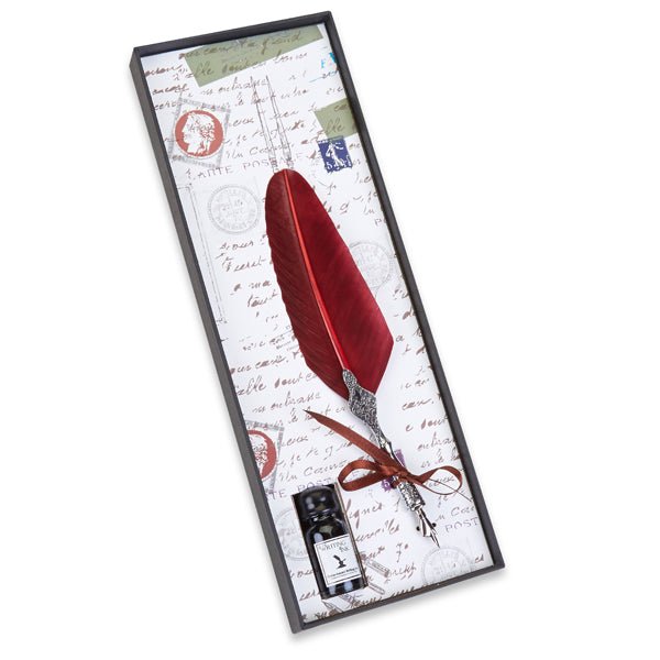 Feather Quill Pen & Ink Set-Decorated Silver Metal Dip Pen