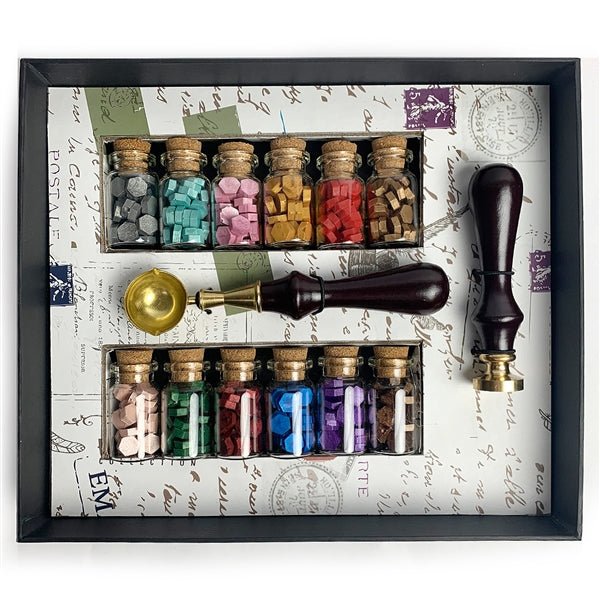 Bead Sealing Wax Starter Kit with Wax Seal Stamp, 12 colors Sealing Wax and Melting Spoon