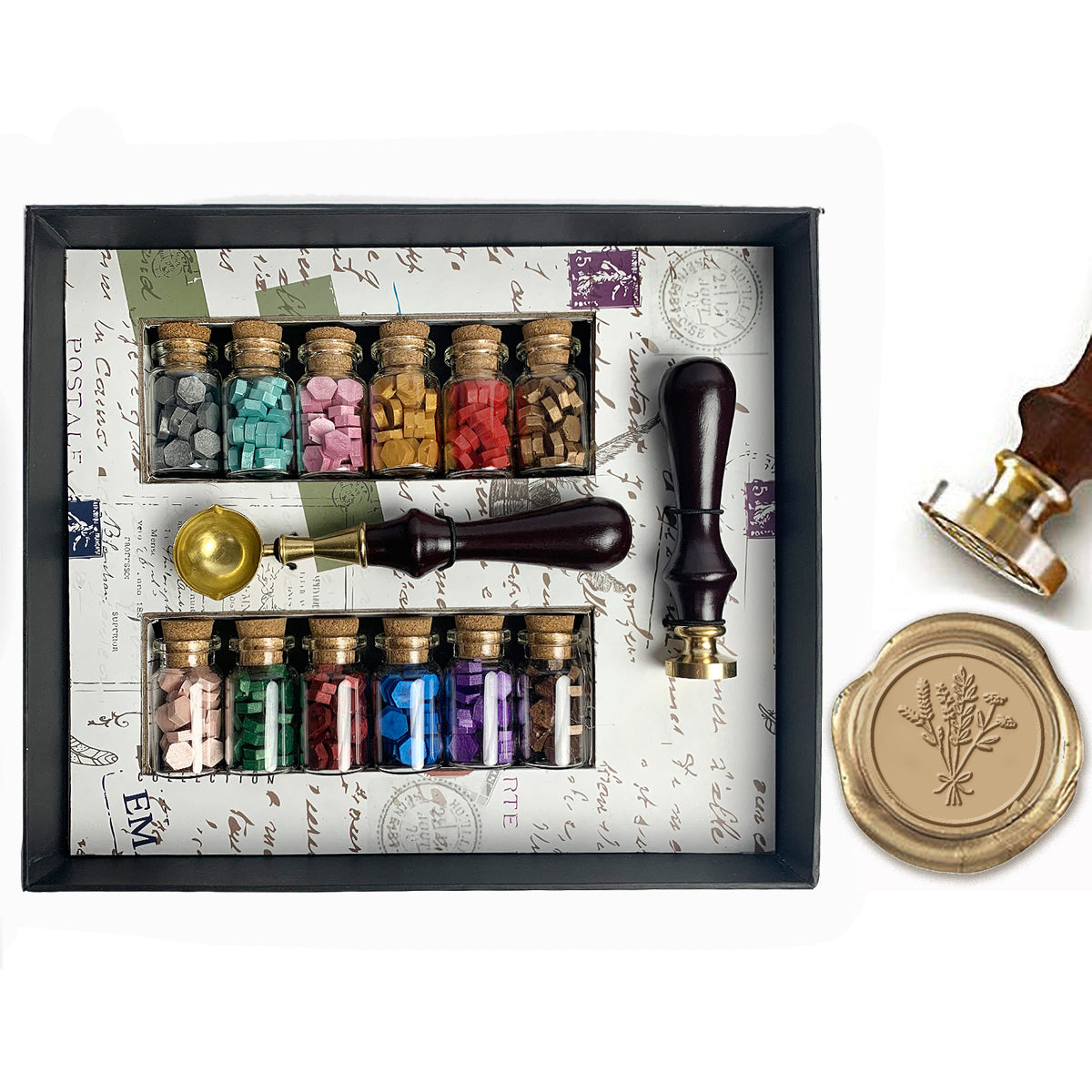 Bead Sealing Wax Starter Kit with Wax Seal Stamp, 12 colors Sealing Wax and Melting Spoon