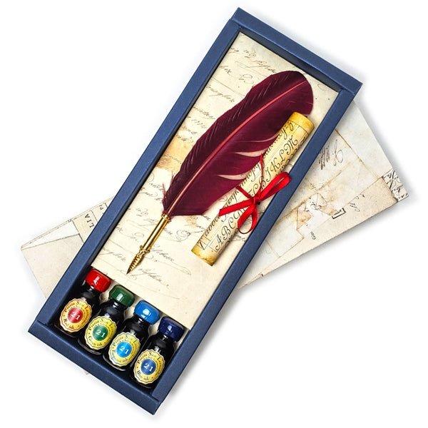 Feather Quill Pen & Ink Calligraphy Set with 4 inks and Scroll- Made In Italy