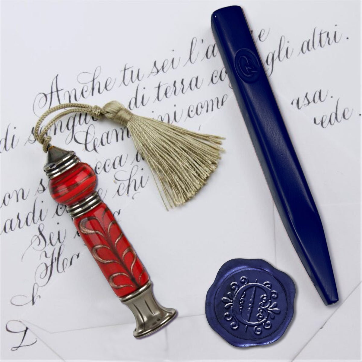 Murano Glass Gold Leaf Handle Wax Seal Stamp with Tassel and Apex Initial