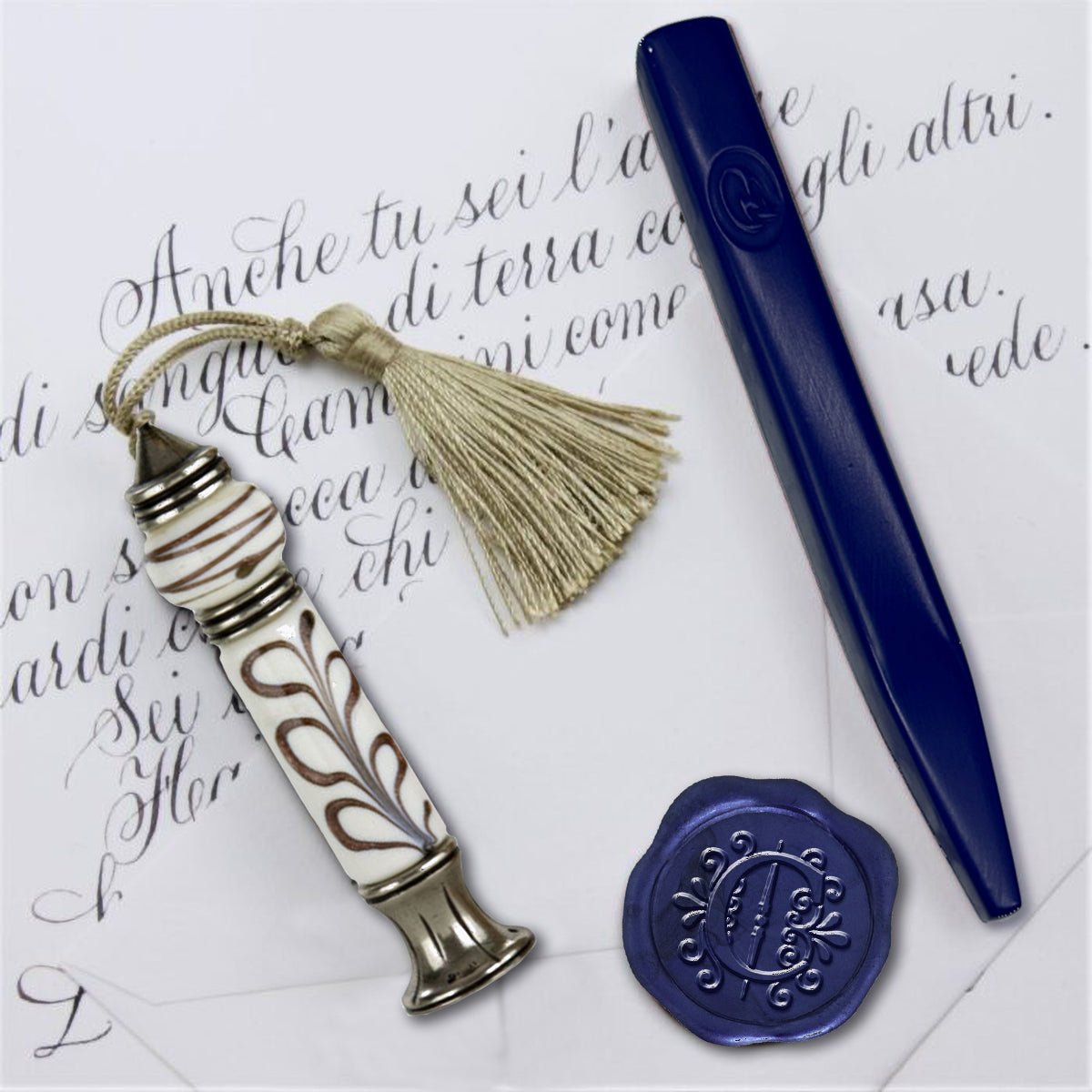 Murano Glass Gold Leaf Handle Wax Seal Stamp with Tassel and Apex Initial