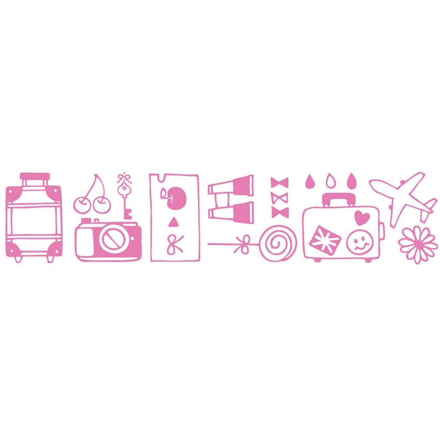 Travel motifs stamped in pink line art including a rolling suitcase, a camera, binoculars, a postcard, a paper plane and a vintage case