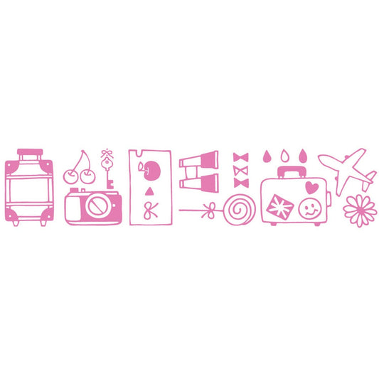 Travel motifs stamped in pink line art including a rolling suitcase, a camera, binoculars, a postcard, a paper plane and a vintage case