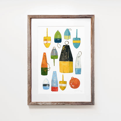 Watercolor and gouache print of vintage lobster buoys in assorted colors, matted to 11 by 14 inches