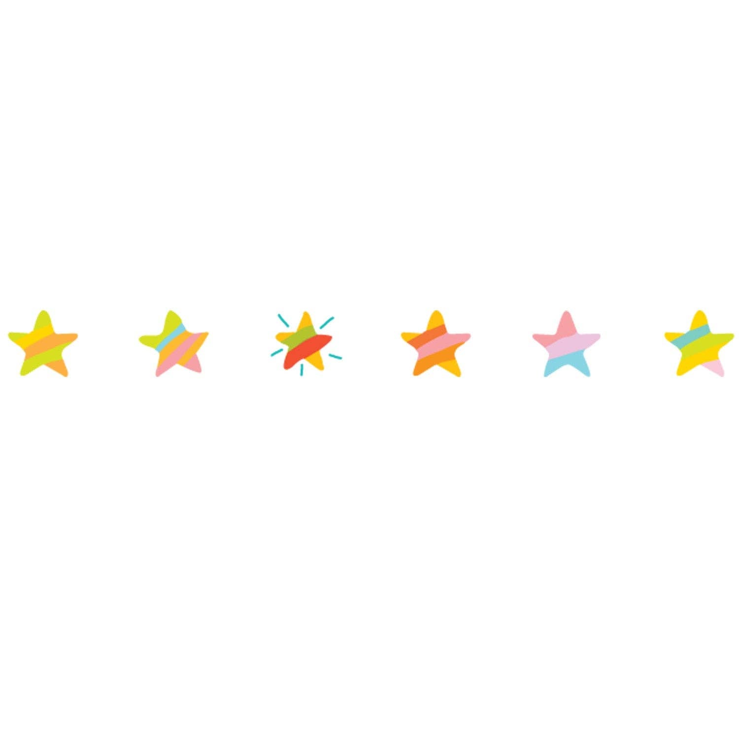 Row of six five-pointed stars in yellow, coral, green, orange, pink and blue, and yellow and pink, with small sparkle marks