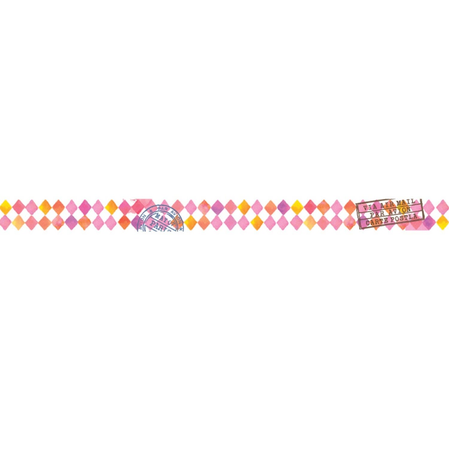 Strip of decorative tape in a repeating diamond pattern of pink, coral, orange and white, interrupted by two small illustrated panels