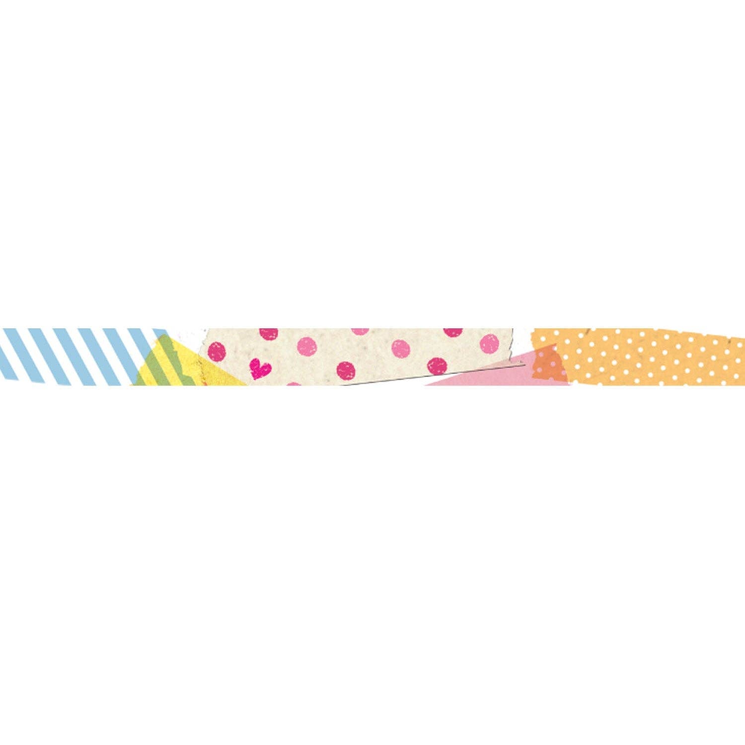 Strip of decorative tape showing several patterns in sequence: blue and yellow diagonal stripes, pink hearts and dots on white, and white dots on orange